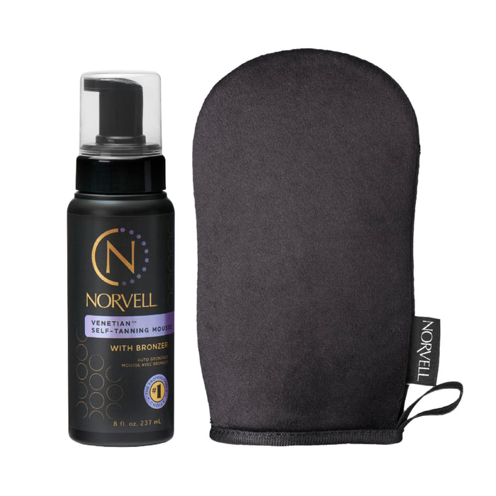 Norvell Sunless Self Tanning Bundle - Venetian Self Tanner Mousse with Bronzer, 8 Fl Oz + Streak-Free Tan Applicator Mitt - Premium Natural Looking Self Tanning Foam and Washable Self Tan Mitt