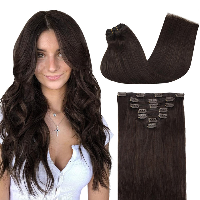 GOO GOO Clip in Hair Extensions Real Human Hair, 20inch 120g 7Pcs, 4A Chocolate Brown, Remy Human Hair Extensions Clip ins for Women, Natural Human Hair