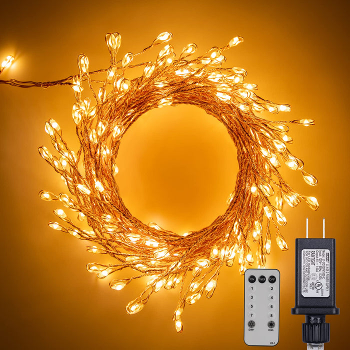 Firecracker Lights with Remote, 10 Feet 200LED Cluster String Fairy Lights Plug in, Waterproof Copper Wire Firefly Lights for Mantle Bedroom Window Weddings Christmas Tree Decoration, Warm White