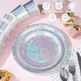 Iridescent Silver Party Supplies Decorations, Holographic Paper Plates and Napkins Set, Disposable Silver Paper Plates Cups Knives Spoons Fork Straw for Disco Bachelorette Birthday Party, Serve 50