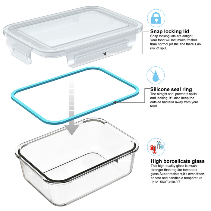 AILTEC Glass Food Storage Containers with Lids, [18 Piece] Meal Prep Containers for Food Storage , BPA Free & Leak Proof (9 Lids & 9 Containers)