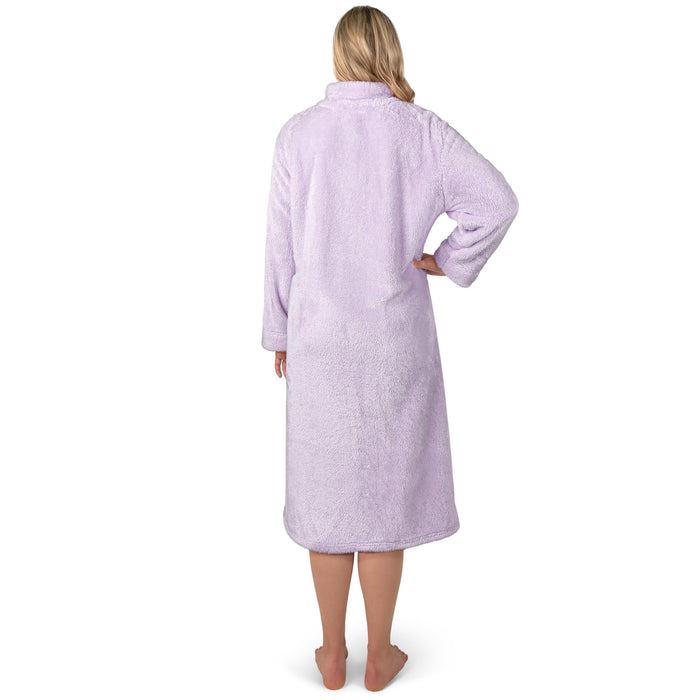 PAVILIA Womens Housecoat Zip Robe, Sherpa Zip Up Front Robe Bathrobe, Fuzzy Warm Zipper House Coat Lounger for Women Elderly with Pockets, Fluffy Fleece Long Plus Size, Lavender Purple (2X/3X)