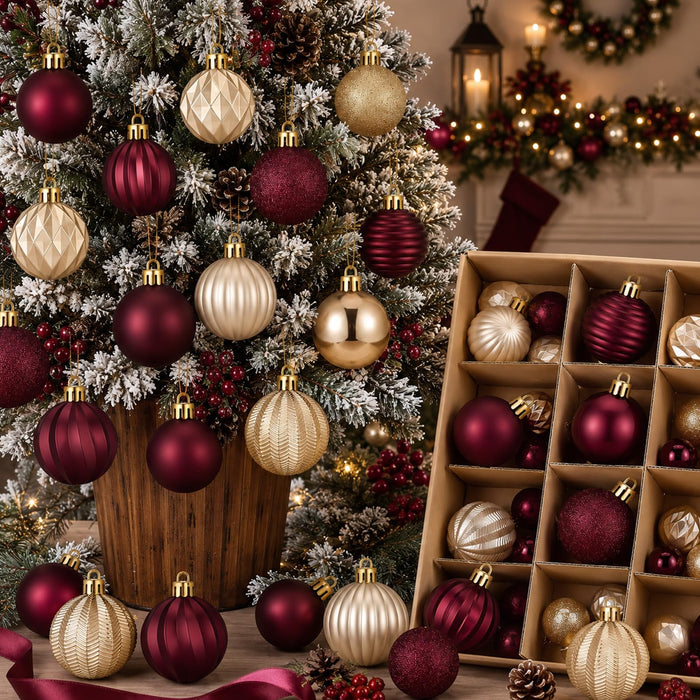 Lunmon 64 Pcs Burgundy and Gold Christmas Ball Ornament 1.57/1.97/2.36 Inch