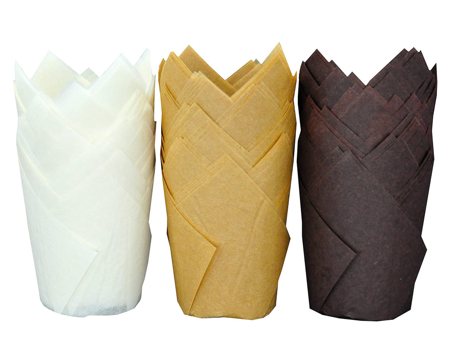 QLSmypkg Large Greaseproof paper Wrappers Muffin Baking cupcake cups liners, 2-1/4" x 4" Natural,Brown,White 3 colours in a box Tulip Baking Cups Holders 125 pcs (Large) (125, Multi 3)
