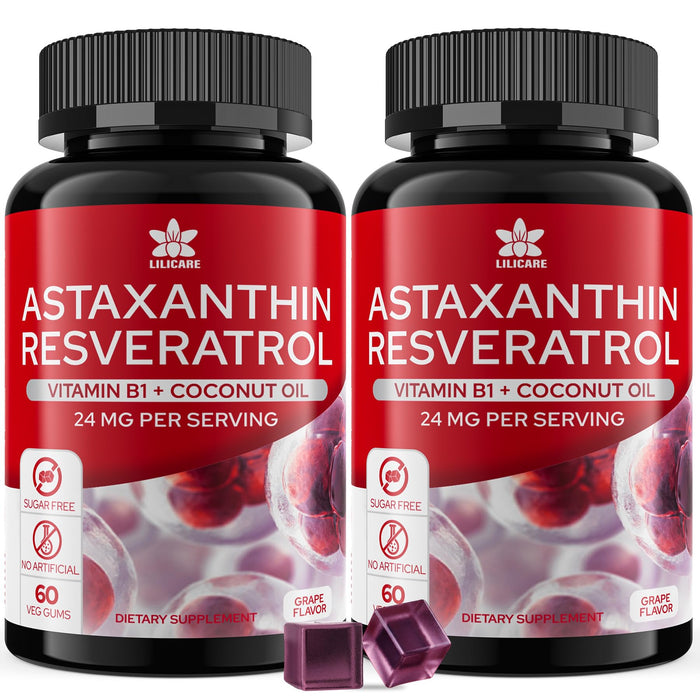 Sugar-Free Astaxanthin 24mg Gummies with Resveratrol, Vitamin B1, Coconut Oil - Powerful Antioxidants Supplement for Men & Women Healthy Aging, Skin, Eyes, Joints, Immune - Vegan, Non-GMO 120 Servings