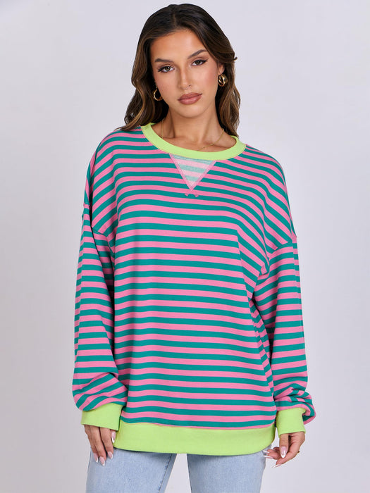 ANRABESS Women Striped Sweatshirt Long Sleeve Shirts Crewneck Oversized Casual Pullover Top 2024 Fall Fashion Outfits Clothes Pink Green Large