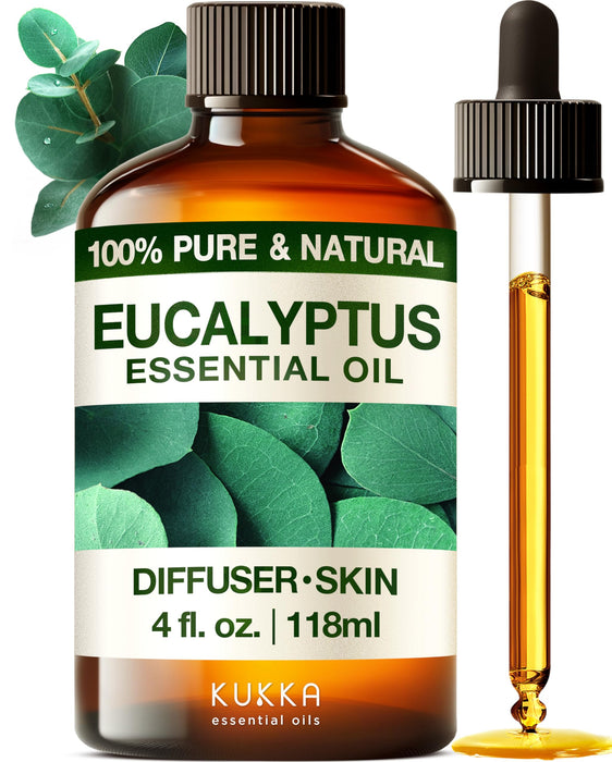 Kukka Essential Oil Eucalyptus Essential Oil for Diffuser - 4 Fl Oz - 100% Pure Natural Essential Oils Eucalyptus Oil for Skin, Humidifier, Sinus & Aromatherapy, Hair, Soap Making DIY