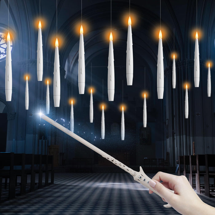 AFINETH Floating Candles with Wand, Magic Hanging Candles, Flickering Flameless Floating LED Candles, White Battery Operated Electric Taper Candles for Halloween Christmas Birthday Theme Party, 12 PCS