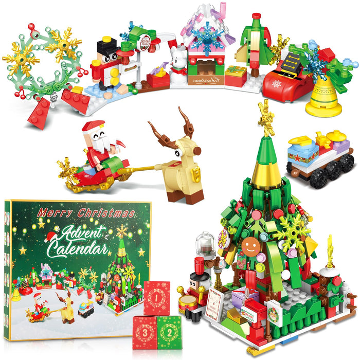 Advent Calendar 2024, 24 Days Christmas Countdown Advent Calendar, 24 Boxes of 12-in-1 Christmas Tree and Street Building Blocks Set for Kids Teens Boys Girls Women Men Ideas