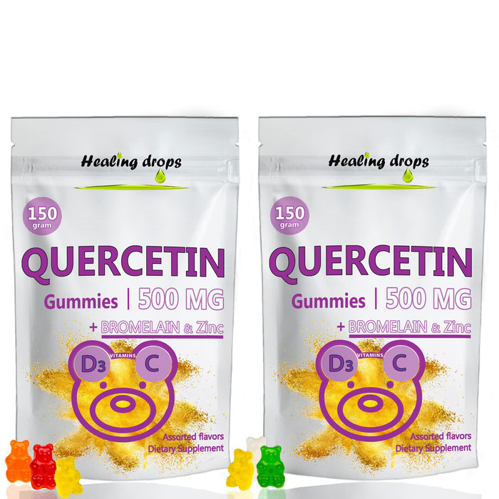 HEALING DROPS Quercetin with Bromelain Gummies - Vitamin C + Zinc + Vitamin D3 - Quercetin 500mg Gummies for Kids and Adults (2 Packs)