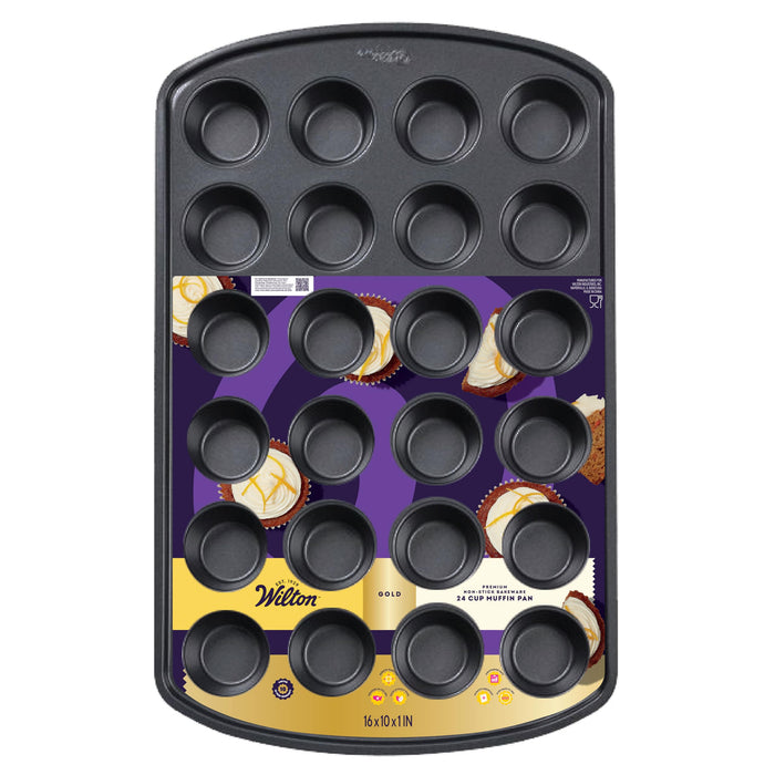 Wilton Gold Premium Non-Stick Warp-Resistant Bakeware, Made without PFAs, Muffin Pan, 24-cup, 16 x 10 x 1 in., Packaging may Vary