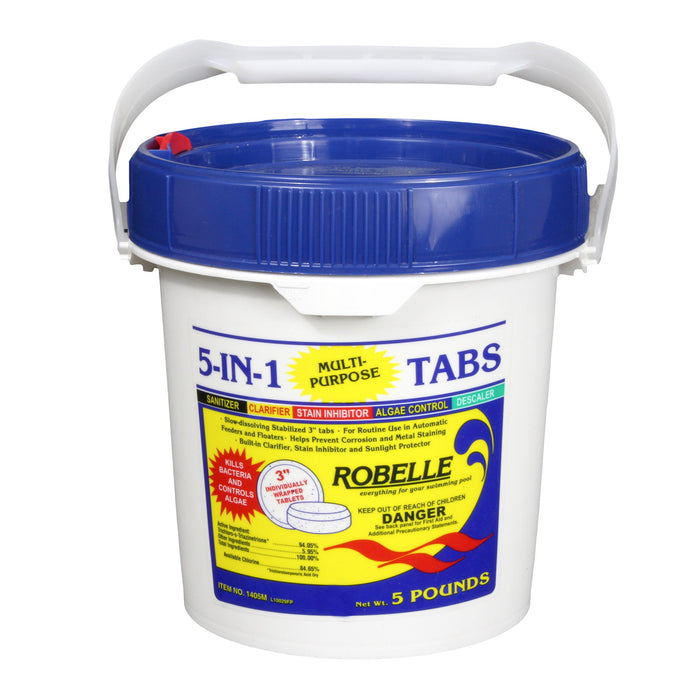 Robelle 5-Pounds Premium 5-In-1 Multi-Purpose Tabs, Chlorine Tablets 3 Inch, Sanitizer, Clarifier, Stain Inhibitor, Algae Control, Descaler, Sunlight Protector All In One, Made In USA