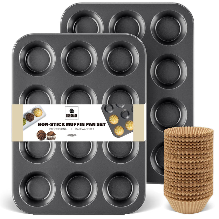 HONGBAKE Muffin Pan with 500 Cupcake Liners, Nonstick Cup Cake Tin for Baking,Premium 12 Cup Cheesecake Trays - Dark Grey