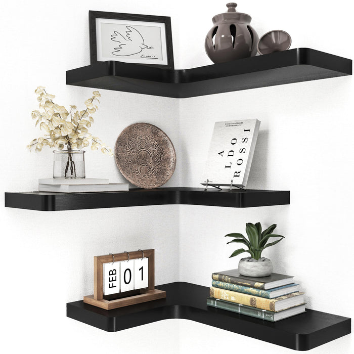 fuqing Corner Floating Shelves for Storage, Set of 3, Solid Wood, Wall Mount Wooden Display Shelf for Bathroom Bedroom Kitchen Garage, Black