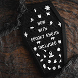 Coffin Letter Board Black With Spooky and All Seasons Emojis +500 Characters, and Wooden Stand - 17x10.5 Inches - Gothic Halloween Decor Spooky Gifts Decorations