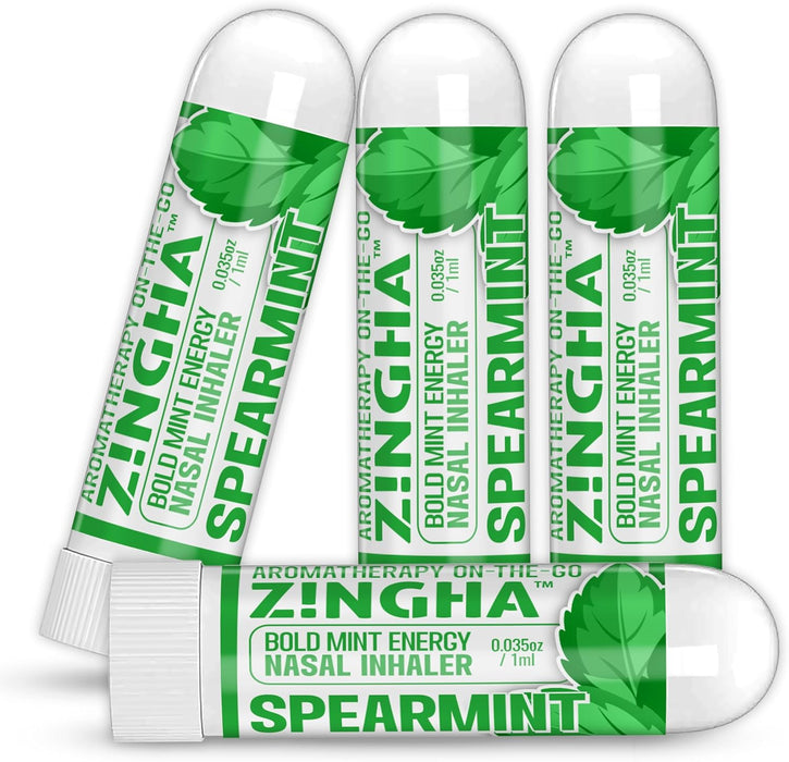 Natural Aromatherapy Nasal Inhaler Stick for Sinus Relief, Focus & Stress Relief | Portable Dual-Hole Essential Oil Blend (4PK, Spearmint)