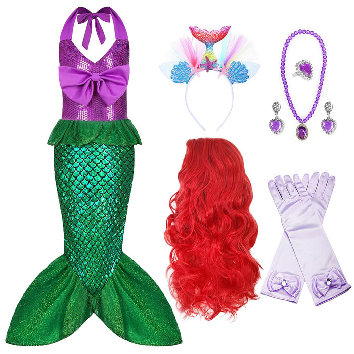 Oumbivil Mermaid Princess Dress Ariel Costume for Grils Cosplay Birthday Party Halloween Costumes with Wig, Headband, Necklace, Gloves OU032L