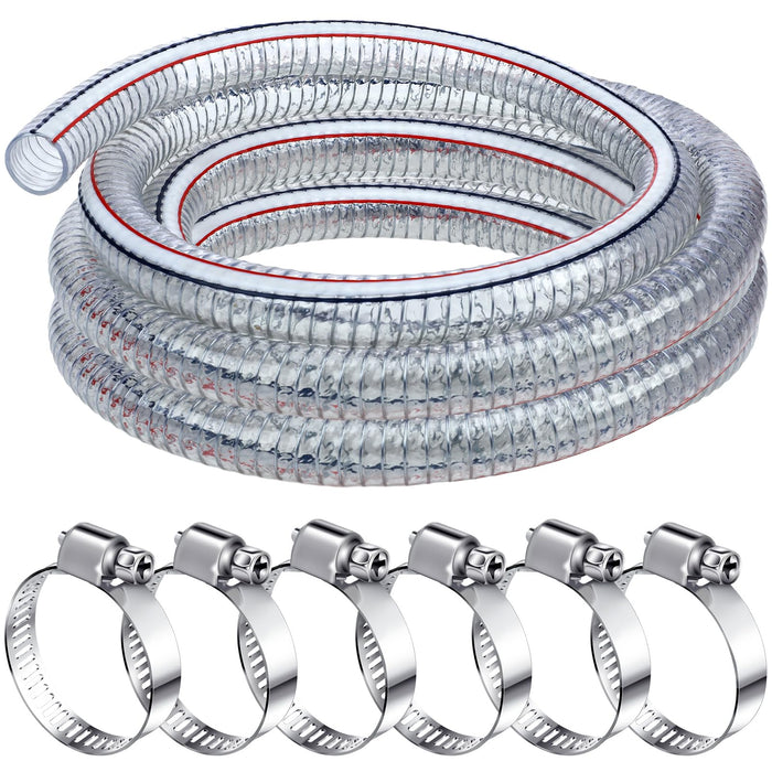 Frienda Heavy Duty Steel Wire Flexible Tubing with Fasteners PVC High Pressure Oil Drain Hose Tube Clear Wire Reinforced for Pond Marine Bilge Pump Garden Pool(10 Ft, 1-1/2 Inch Id)