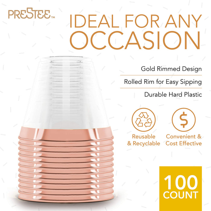 Prestee 100 Rose Gold Plastic Cups - 9 oz Hard Disposable Rose Gold Cups - Rose Gold Party Decorations - Plastic Wine Cups - Plastic Cocktail Glasses - Plastic Drinking Cups - Bulk Party Clear Cups