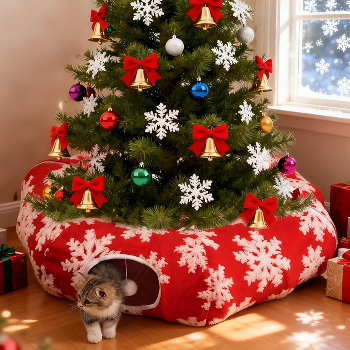 LoopTime Cat Tunnel Christmas Tree Skirt,Christmas Tree Cat Tunnel for Indoor Cats,Cat Tunnels Tree Skirt,Soft Peekaboo Hideway Bed Cave Donut Toys Circle Tunnels for Kittens & Large Cats (Red)