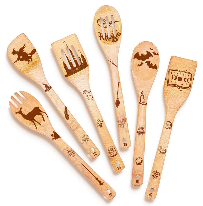 Riveira Magic Wizard Gifts Organic Wooden Spoons For Cooking Utensils Set 6-piece - Christmas Gifts For Women Kitchen Utensils Spatulas For Nonstick Cookware Gifts For Cooking Lovers