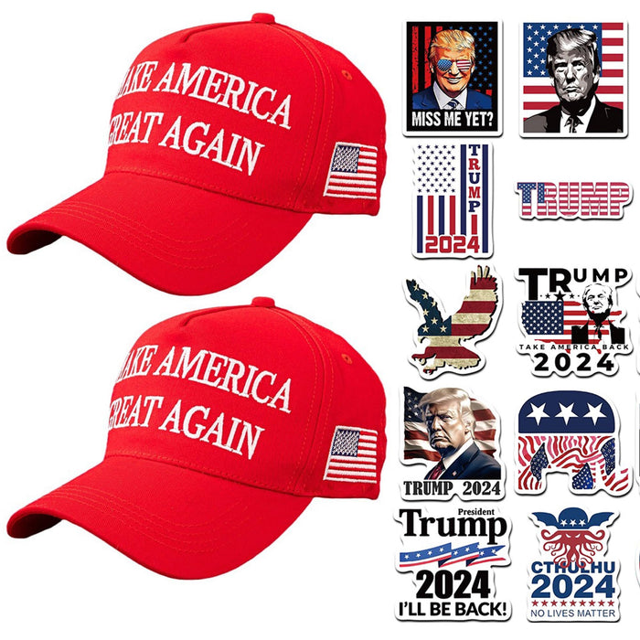 2 PCS Trump Hat 50 Pcs Trump Stickers Set Trump 2024 MAGA Hat 45-47 Make America Great Again Hat Adjustable Baseball Cap with Donald Trump Stickers