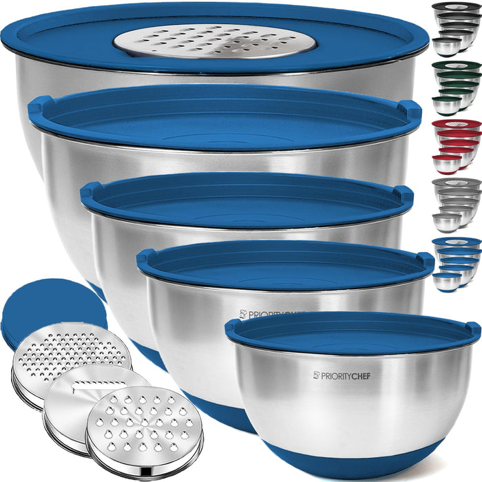 Priority Chef Stainless Steel Mixing Bowls with Lids Set, 3 Grater Attachments, Airtight Lids, Non-Slip Silicone Base Mixing Bowl Set, Large Prep Metal Mixing Bowls for Kitchen, Blue