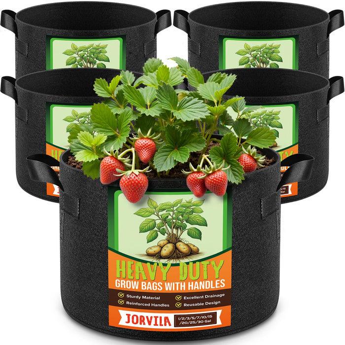 Jorvila 5 Pack 5 Gallon Grow Bags, Thickened Nonwoven Fabric Planter Pots with Handles, Heavy Duty 300G Garden Pots for Tomato, Potato and Vegetable