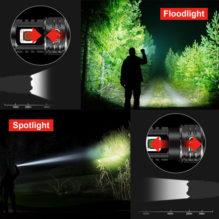 SHADOWHAWK Torches LED Super Bright, 30000 Lumens Rechargeable LED Torch, USB Tactical Flashlight, XHP70.2, IP67 Waterproof, 5 Light Modes Zoomable, for Camping Hiking Emergency