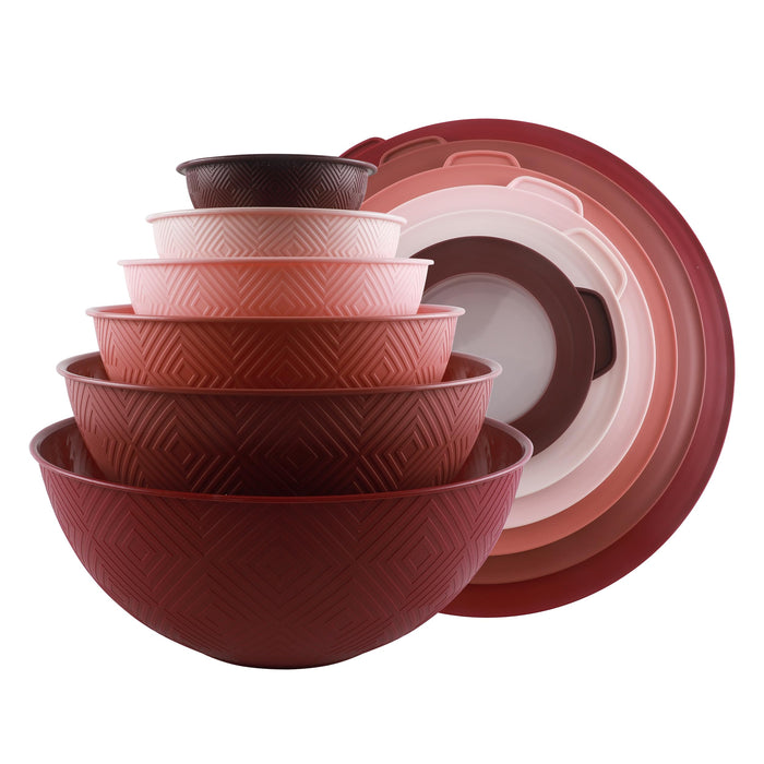 COOK WITH COLOR Mixing Bowls with Lids - 12 Piece Plastic Nesting Bowls Set includes 6 Prep Bowls and 6 Lids, Rhombus Design - Microwave Safe (Rose)