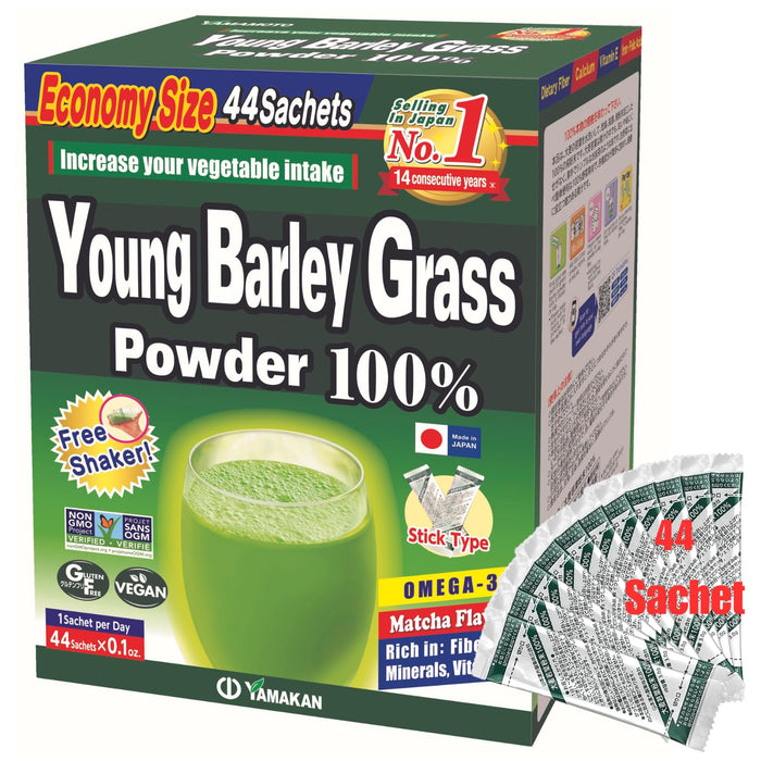 Yamamoto YAMAKAN Barley Grass Powder, 100% Green Superfood, Japan's Green Juice for Health & Vitality, Rich in Vitamins & Minerals, Non-GMO, Vegan, 44 Sachet