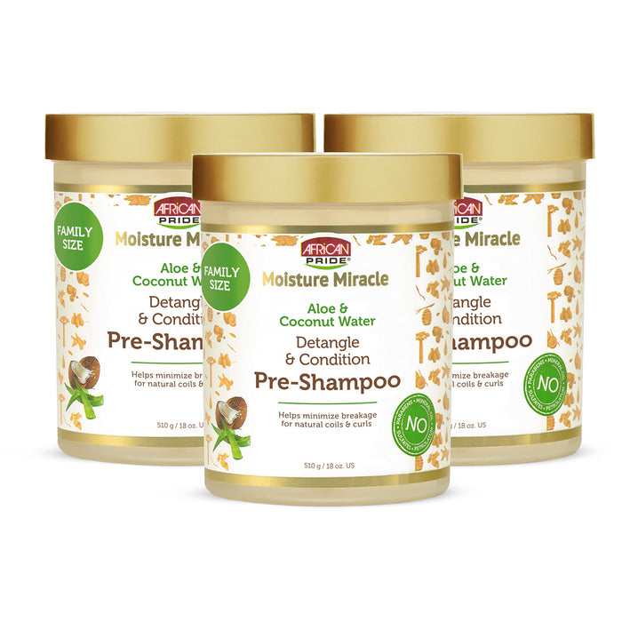 African Pride Moisture Miracle Aloe & Coconut Water Pre-Shampoo - Helps Minimize Hair Breakage for Natural Coils & Curls, Detangles & Conditions, 18 oz (Pack of 3)