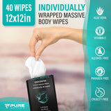 Shower Body Wipes 12"x12", 40 Individually Wrapped Personal Hygiene Body Wipes for Women and Men, Keep Clean After Gym Travel Camping Outdoors Sports, Unscented