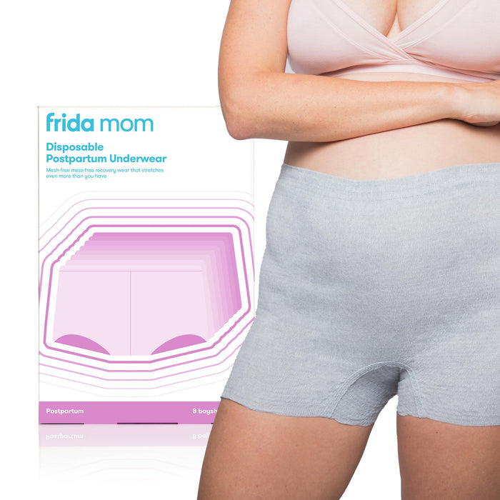 Frida Mom Women's Petite Postpartum Disposable Underwear, 100% Cotton, Microfiber Boyshort Cut, Grey, Petite (Waist 23"-34" Stretched)