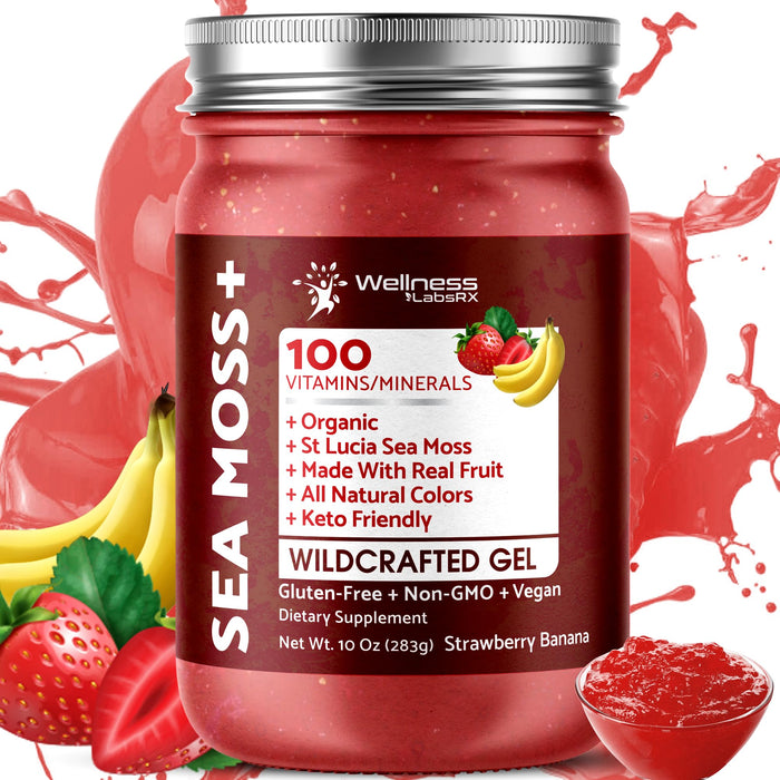 Irish Sea Moss Gel Organic Raw - Wildcrafted Superfood Seamoss Gel - Strawberry Banana Flavor, Vitamin and Mineral-Rich from Pristine Caribbean Waters, Immune and Digestive Health Support - 10 oz.