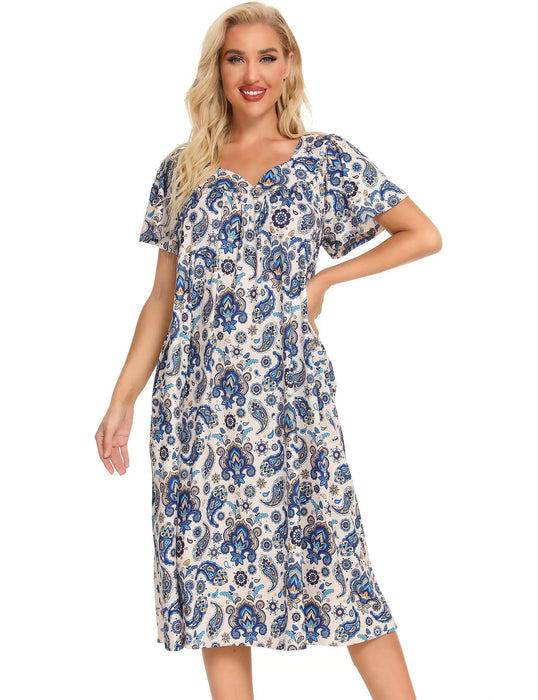 Bloggerlove Cotton House Dress with Pockets Paisley Muumuu Dresses Womens Duster Housecoat Housedresses for Elderly Patio Dress Short Sleeve Sleep Shirts