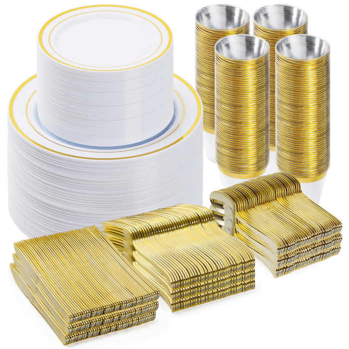 BESTVIP 600PCS Plastic Dinnerware Set (100 Guests), Gold Disposable Plates for Party, Wedding, Anniversary, Includes: Dinner Plates, Dessert Plates, Cups, Spoons, Forks and Knives