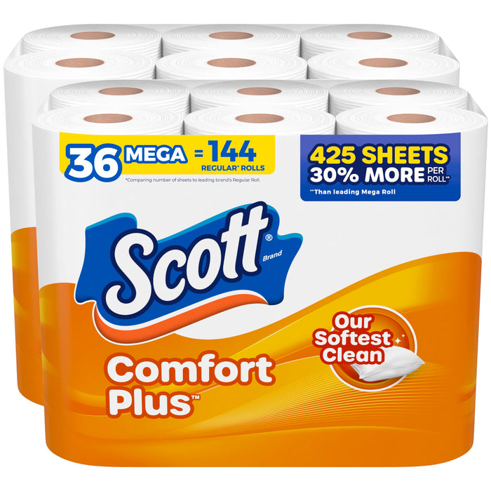 Scott ComfortPlus Toilet Paper, 36 Mega Rolls (2 Packs of 18), 425 Sheets per Roll, Septic-Safe, 1-Ply Toilet Tissue