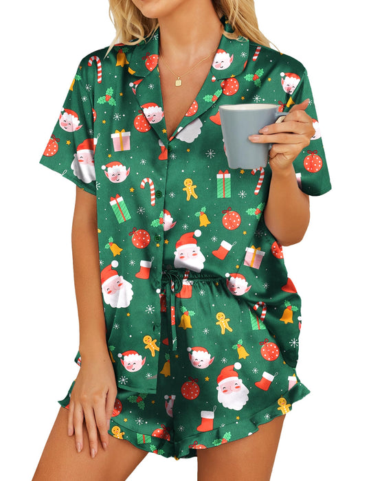 HOTOUCH Merry Christmas Pajamas for Women Silk Satin Loungewear Green Sleepwear Button-Down Loungewear Set