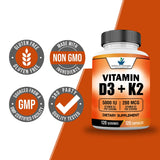 American Standard Supplements Vitamin D3 5000 IU (125mcg) Plus Vitamin K2 (MK7) 200mcg Per Capsule - Gluten Free, Non-GMO, 120 Capsules, 120 Servings, 120 Day Supply