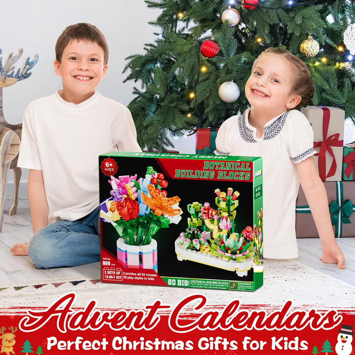 Advent Calendar 2024 for Kids Adults Teens, 24 Days STEM Botanical Building Blocks Christmas Countdown Calendar Gifts Box with 12-in-1 Succulent Flowers Bricks Toy Sets for Boys Girls Women Men Age 6+