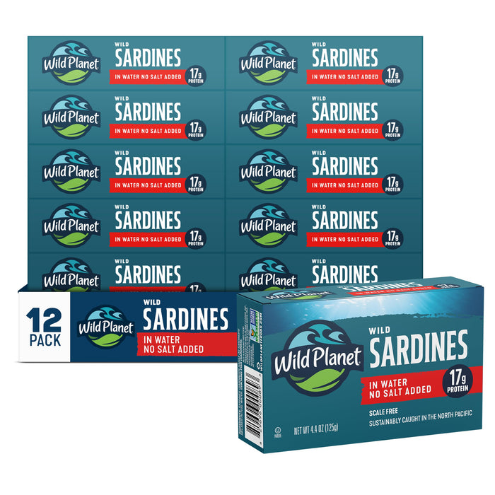 Wild Planet Wild Sardines in Water, No Salt Added, 4.4 Oz Can, 12 Pack