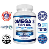 Arazo Nutrition Wild Caught Omega 3 Fish Oil – 120 Soft Gels – 4,080mg High EPA 1200mg DHA 900mg Lemon Flavor Burpless Softgels