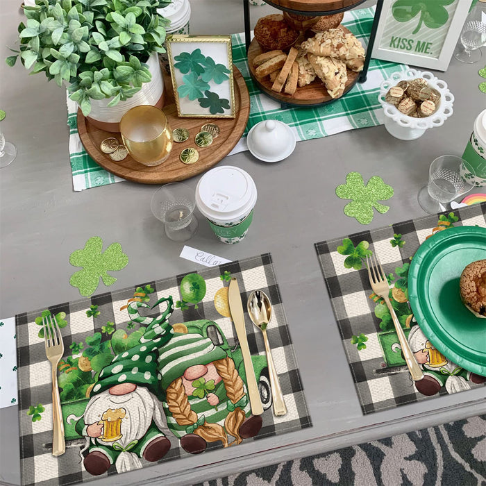 St. Patrick's Day Gnomes Placemats Set of 4,12x18 Inch Gnomes with Truck Buffalo Plaid Shamrock Heat-Resistant Place Mats,Green Irish Table Decors for Seasonal Farmhouse Kitchen Dining Holiday Party