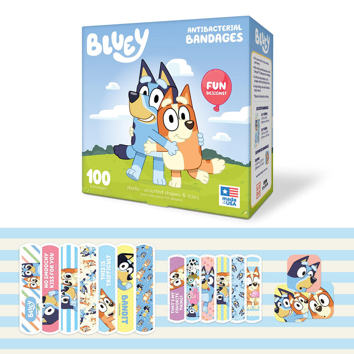 Bluey Kids Bandages, 3 Assorted Sizes 100 CT | Wear Like Stickers, Flexible Adhesive Bandages for Minor Cuts, Scrapes, and Burns. Great Gift idea for Kids.