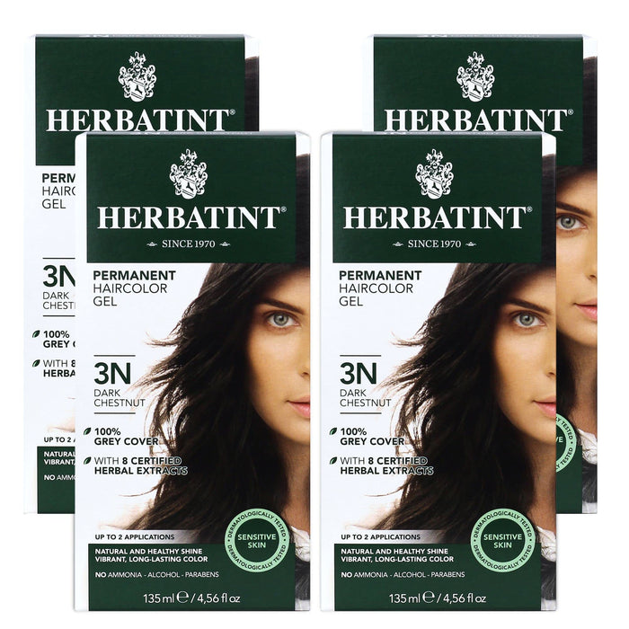 Herbatint Permanent Haircolor Gel, 3N Dark Chestnut, Alcohol Free, Vegan, 100% Grey Coverage - 4.56 oz (4 Pack)