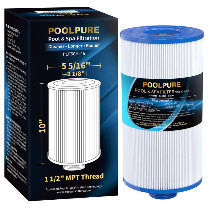 POOLPURE Replacement Filter for PFF50P4, Unicel 5CH-45, Filbur FC-2401, Baleen AK-90108, Legend 090164055428, PFF50 W/PAD, PFF50-PAD4, PFF50P, SD-00363, 45 sqft Filter Cartridge
