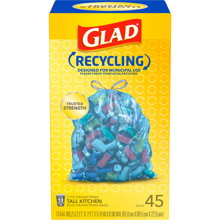 Glad Trash Bags, Recycling Tall Drawstring Kitchen Garbage Bags, Blue, 13 Gallon, 45 Count, Pack May Vary