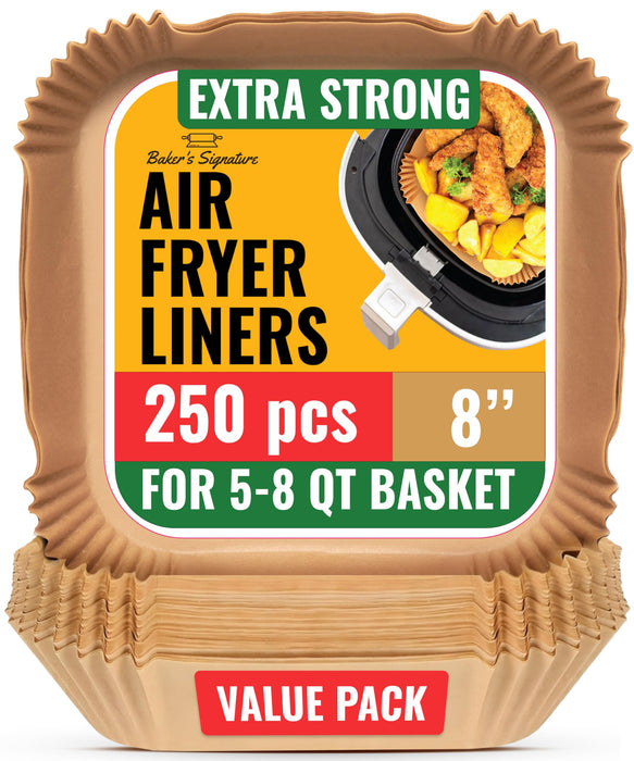 250 pcs Air Fryer Liners, Disposable Airfryer Paper Liners – Non-Stick and Oil Proof for Easy Cleanup, Great for Oven, Pans & Baking – 8” Square for 5-8 qt Basket by Baker's Signature