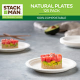 100% Compostable Disposable Paper Plates [125-Pack] - {PFAS-Free} - {BPI Certified} - [7 Inch] Heavy Duty, Eco-Friendly, Biodegradable Bagasse Dinner & Lunch Plates - Thick White 7" Plate by Stack Man